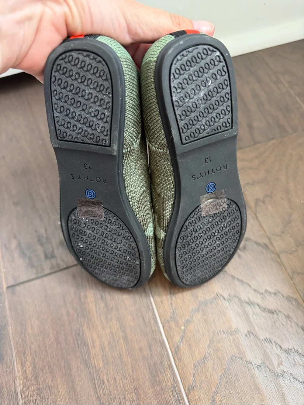 Rothy's Kids Green Camo Slip-On Flats with Blue Trim